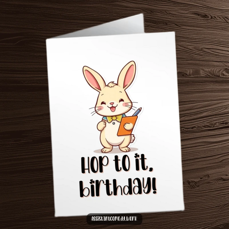 Funny Free Printable Birthday Card: Playful rabbit in collar, clipboard, and pen, celebrating your special day.