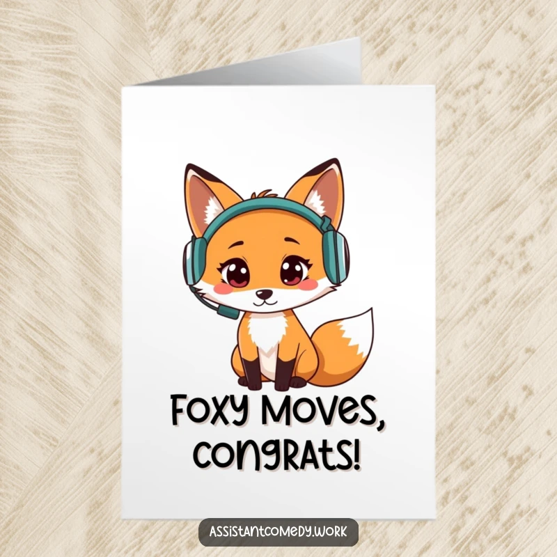 Funny Free Printable Congratulations Card: Fox wearing headphones, listening intently, celebrating your achievement.
