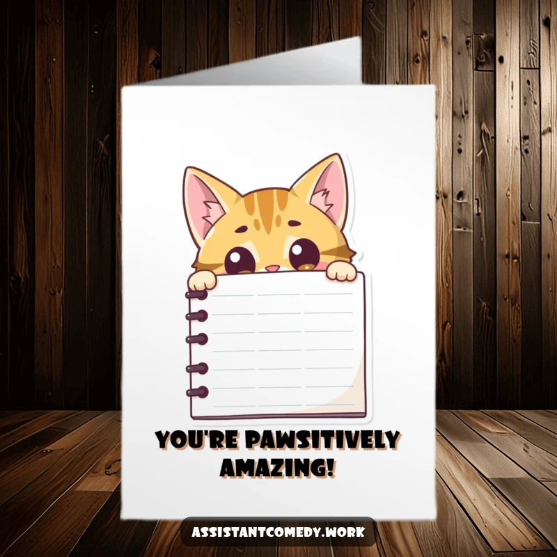 Funny Free Printable Congratulations Card: Curious cat peeking over a large notepad, observing your success.