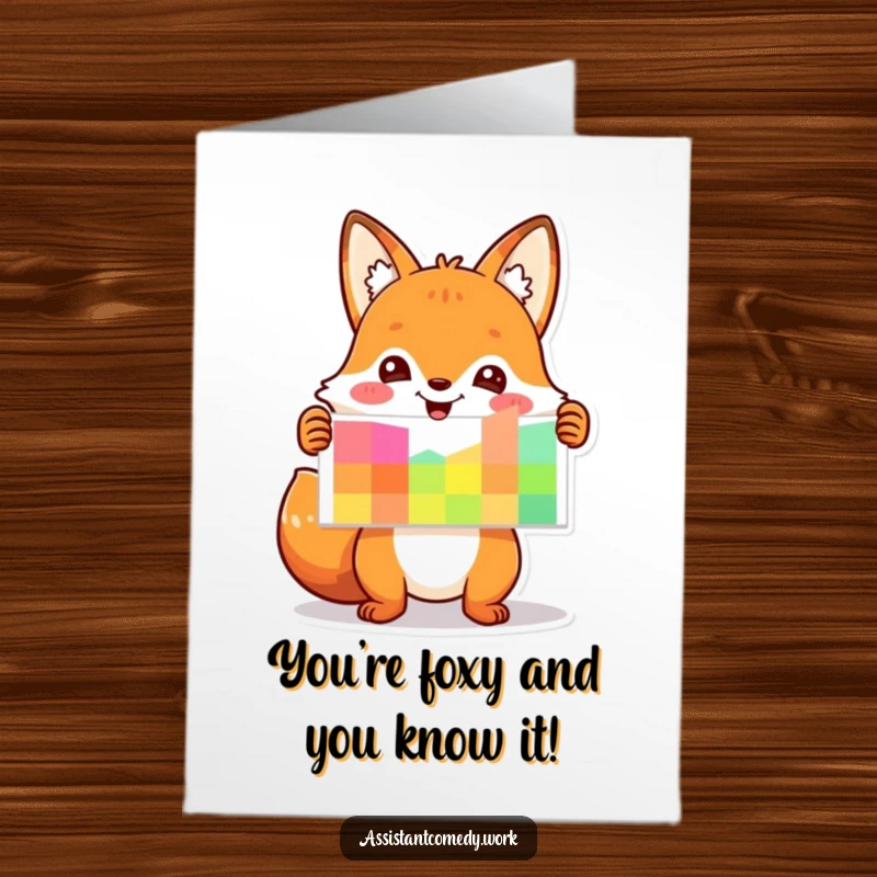 Funny Free Printable Congratulations Card: Excited fox proudly displaying a colorful chart of achievements.