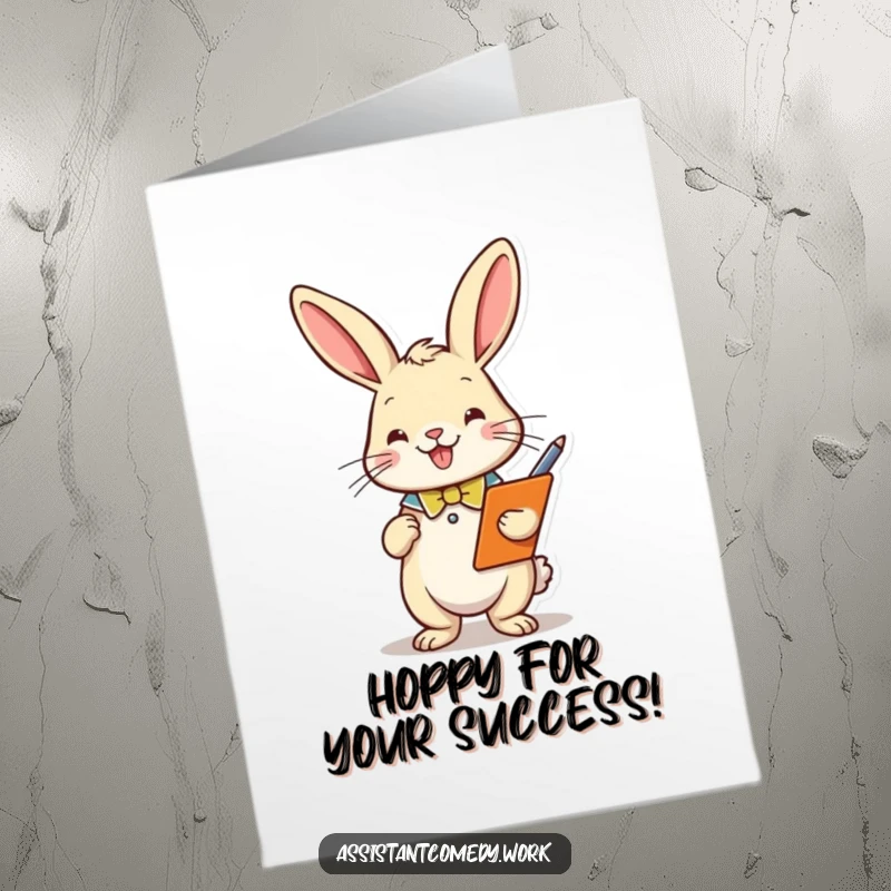 Funny Free Printable Congratulations Card: Rabbit with clipboard and pen, celebrating your success.