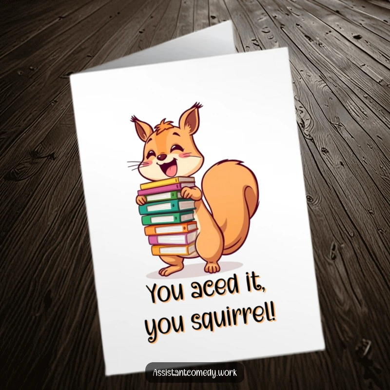 Funny Free Printable Congratulations Card: Energetic squirrel holding an overflowing stack of important files.