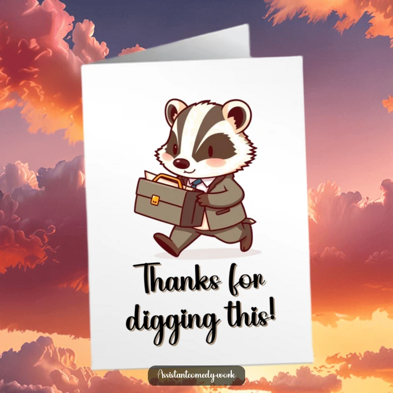 Funny Free Printable Thank You Card: Badger with briefcase, diligently carrying important documents of thanks.