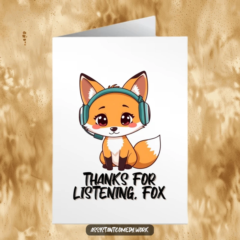 Funny Free Printable Thank You Card: Fox in headphones, listening closely, conveying heartfelt thanks.