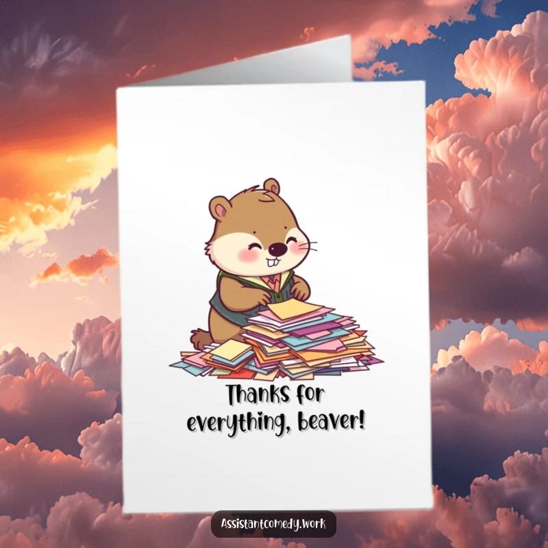 Funny Free Printable Thank You Card: Beaver in vest carefully sorting papers, expressing thanks.