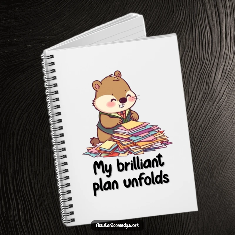 A busy beaver in a vest sorts papers on the cover of a sturdy notebook, perfect for jotting down organized thoughts.