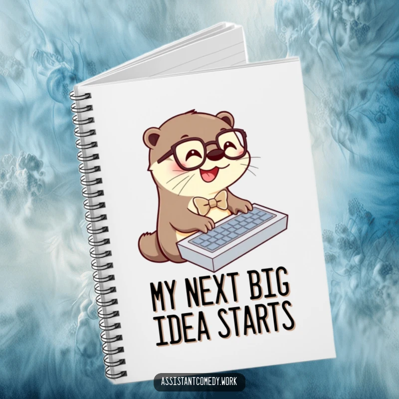 Funny otter wearing glasses and a bowtie, typing furiously on a keyboard, featured on the cover of a sturdy notebook for notes.