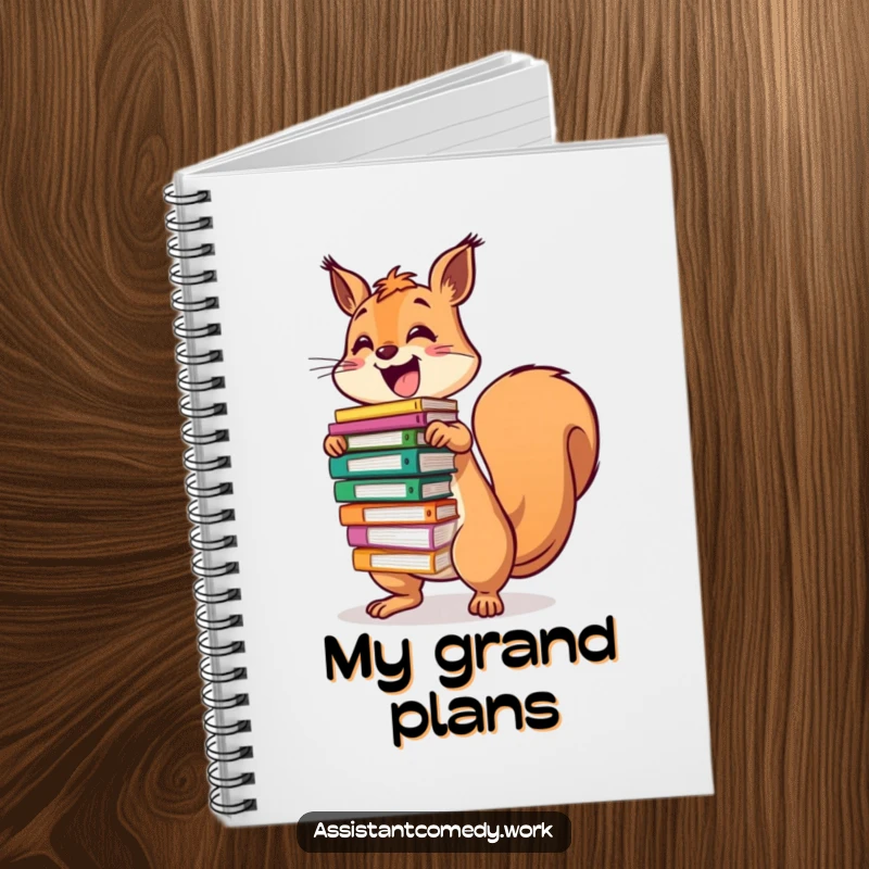 Funny squirrel character balancing a stack of colorful files on the cover of a notebook for organization.