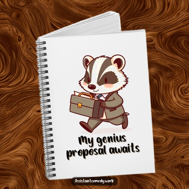 A diligent badger carrying a miniature briefcase on the cover of a sturdy notebook, perfect for jotting down important documents.