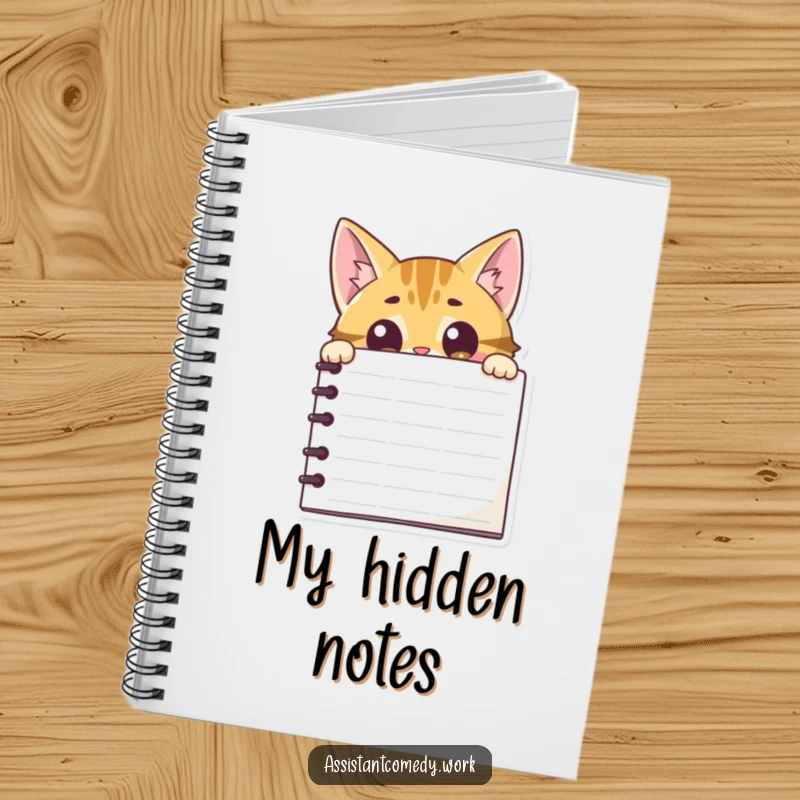 Funny curious cat peeking from behind a large notepad on the cover of a notebook, perfect for notes.