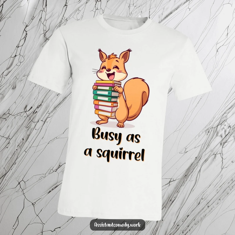 Funny squirrel character energetically balancing a huge stack of colorful files, conveying a humorous sense of busyness.