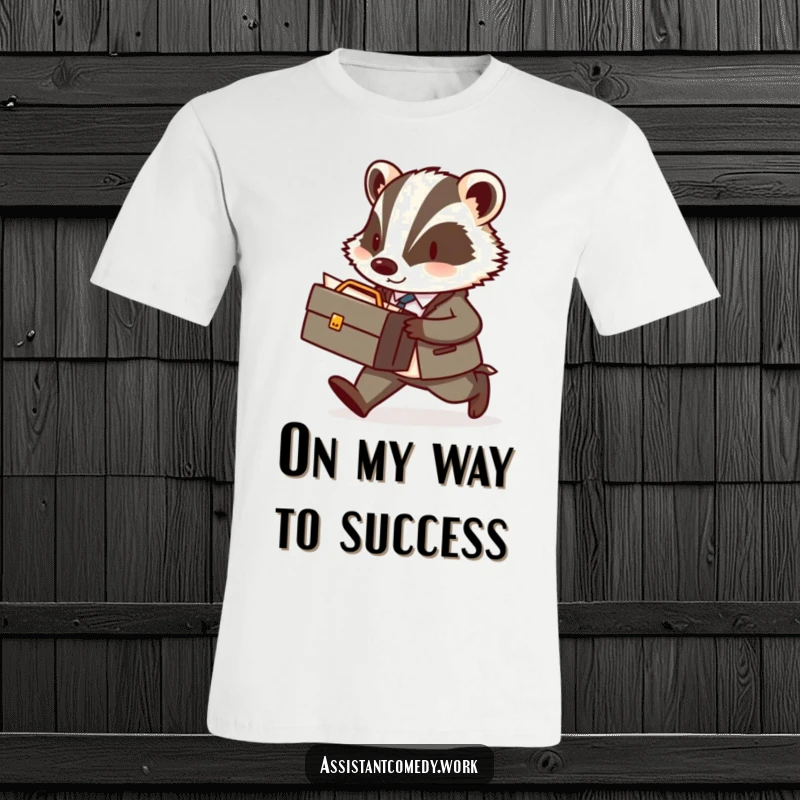 A diligent badger in a miniature briefcase walks briskly with important documents, printed on a soft t-shirt for maximum comfort and humor.
