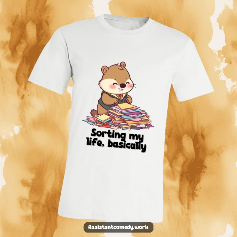 A busy beaver in a small vest sorting a stack of colorful papers, printed on a soft t-shirt for maximum comfort and humor.