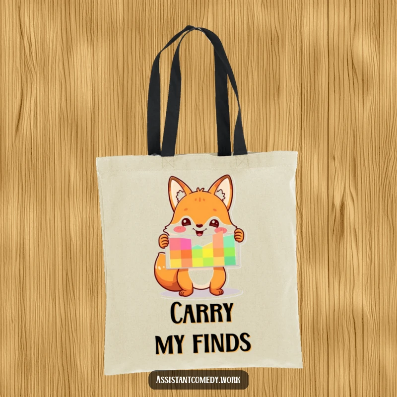 Funny playful fox presenting a colorful chart on a tote bag, ideal for carrying essentials with flair.