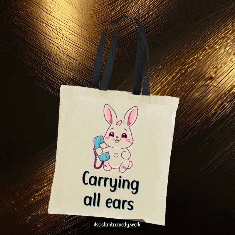 Funny cheerful rabbit holding a ringing telephone with a smile, featured on a practical tote bag.