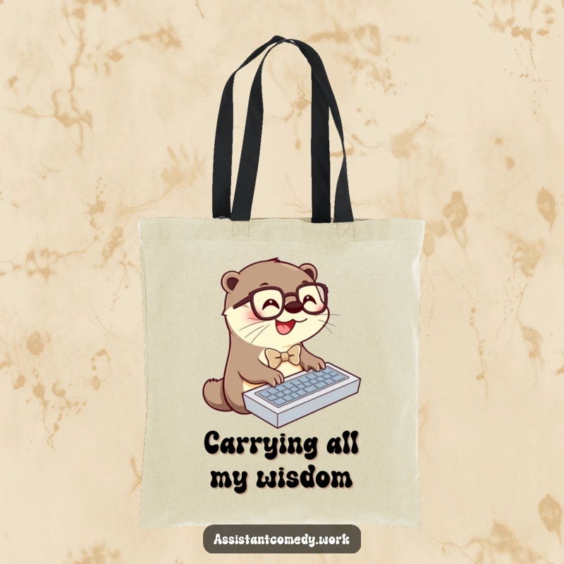 Funny otter with bowtie and glasses typing on a keyboard, printed on a durable and fashionable tote bag, ready for users.