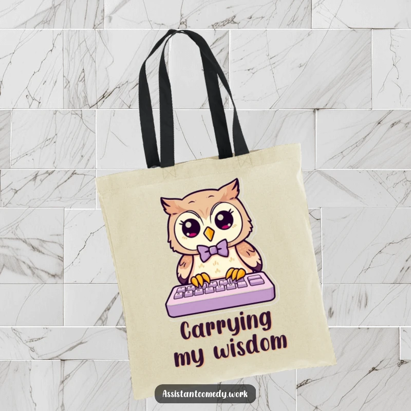 Funny owl wearing a smart bow tie, typing on a keyboard, ready to carry your books and essentials.