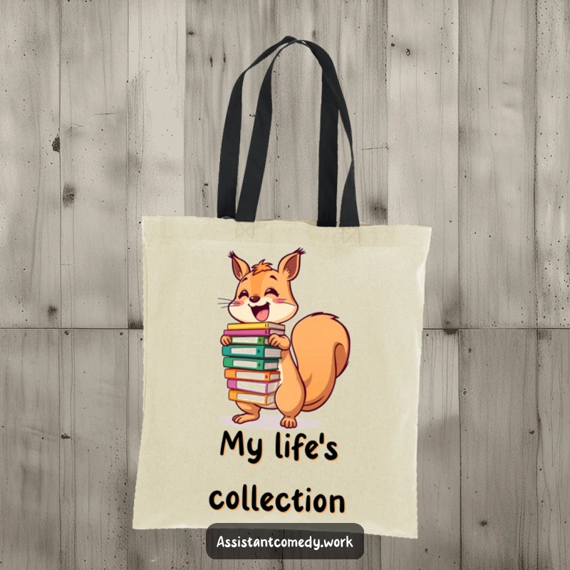Funny squirrel character with a determined look, balancing an impressive stack of colorful files in a tote bag design.