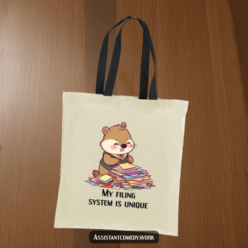 A beaver in a vest sorts papers on a durable tote bag, an excellent accessory for carrying essentials with humor.