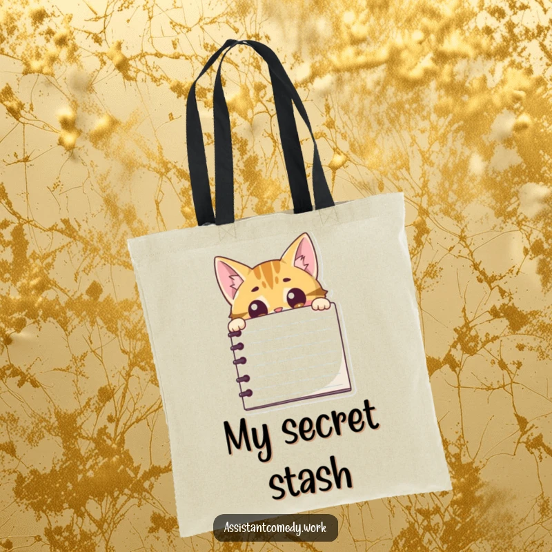 Funny curious cat peeking from behind a large notepad on a tote bag, perfect for carrying books.